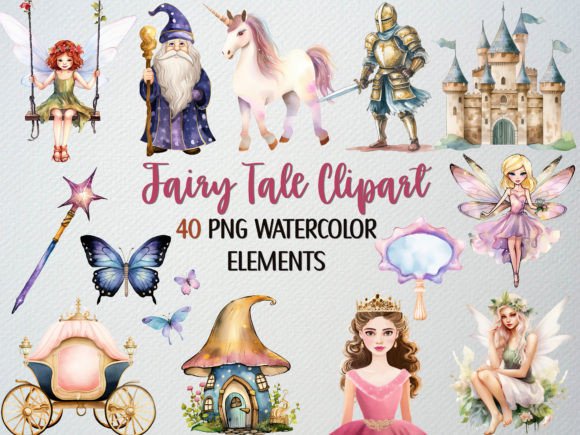 Download Watercolor Fairy Tale Clipart Set,40 PNG - Watercolor fairy tale Collection
